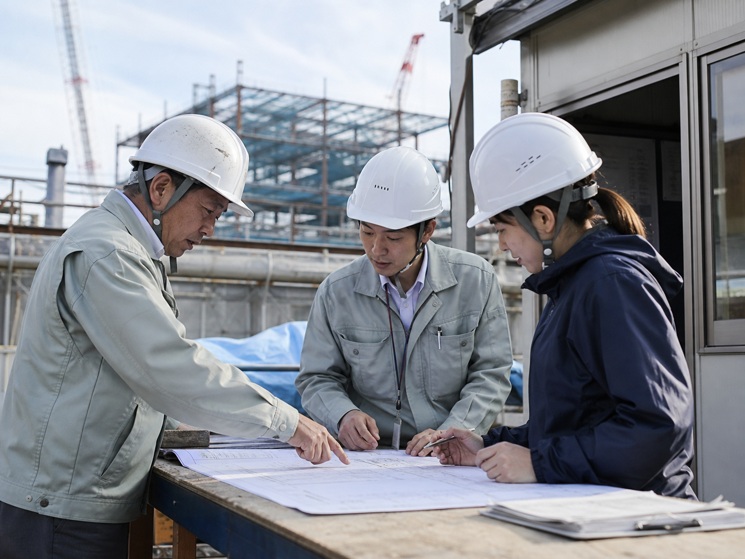 建設現場で現場、設計、管理部門の担当者が図面を確認している写真