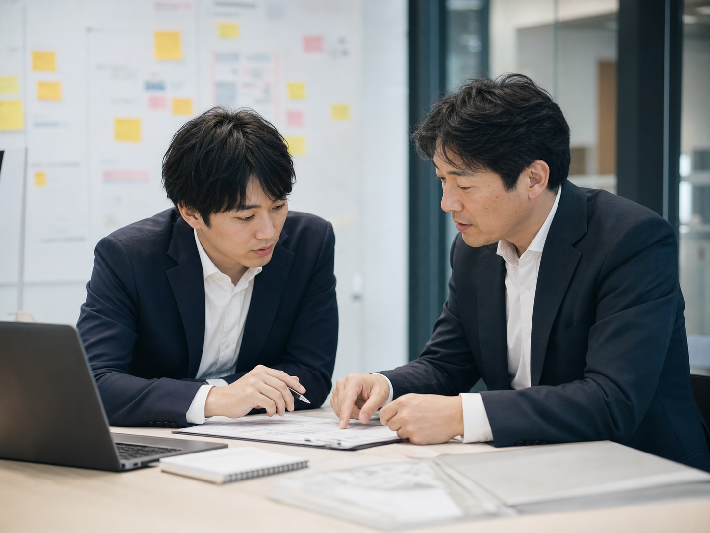 経営コンサルティング会社で若手と先輩が資料を見ながら話している写真