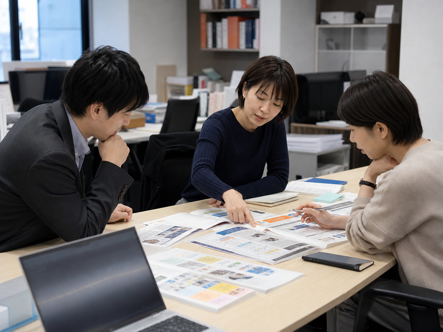 出版・教育企業の編集、営業、教材担当者が資料を囲んで検討している写真