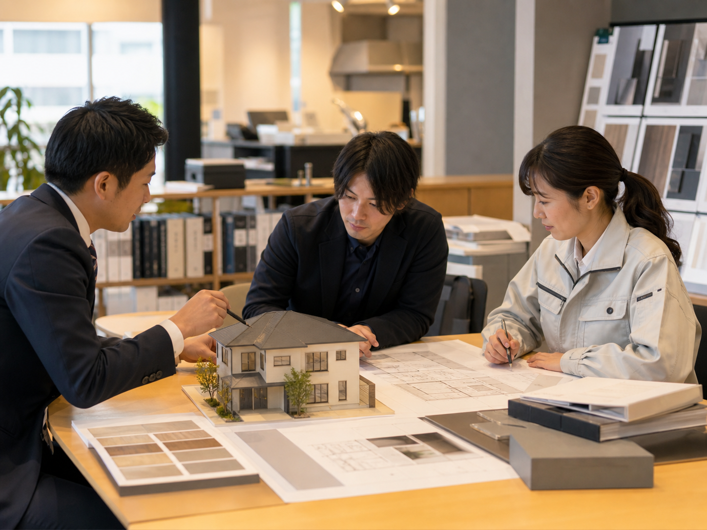 住宅メーカーで営業、設計、サポート担当者が住宅模型と図面を確認している写真