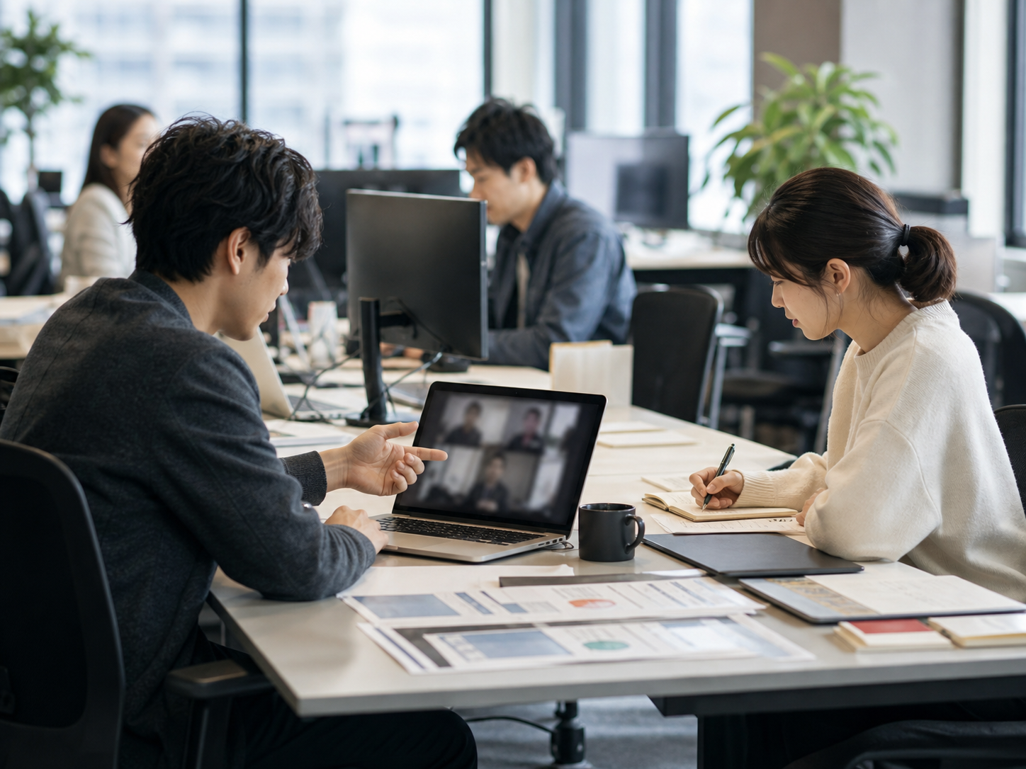 デジタルマーケティング会社でメンバーがノートPCを見ながら相談している写真